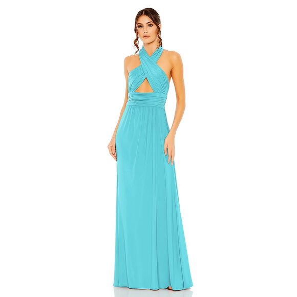 NWT Mac Duggal Cross Halter Neck Ruched Gown Aqua 2 #A0094 - Picture 1 of 7
